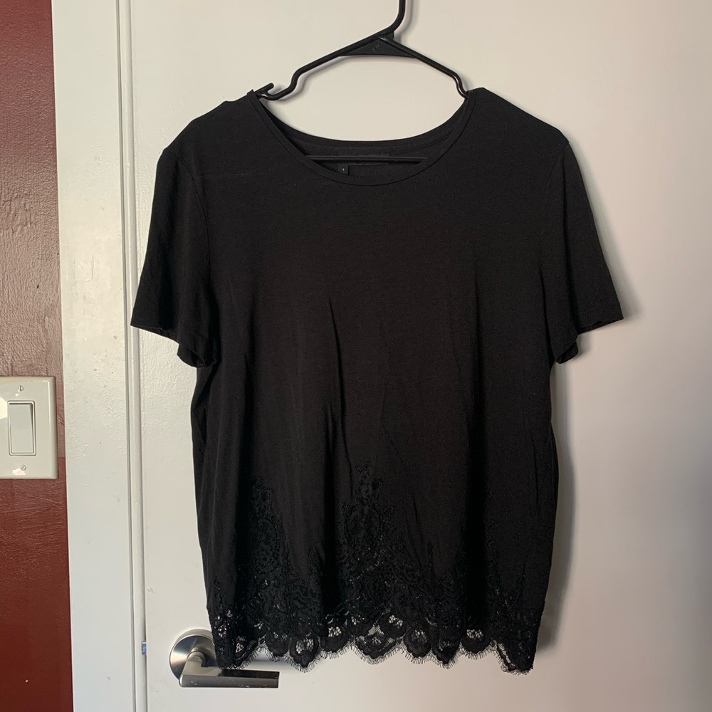 The Kooples Black Lace Hem T-Shirt, Size 3